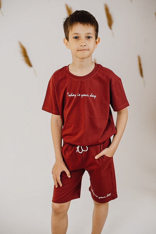 Комплект (футболка и шорты с карманами, принт). Кулирка (100% хлопок), Арт. К97Кг_Бордовый