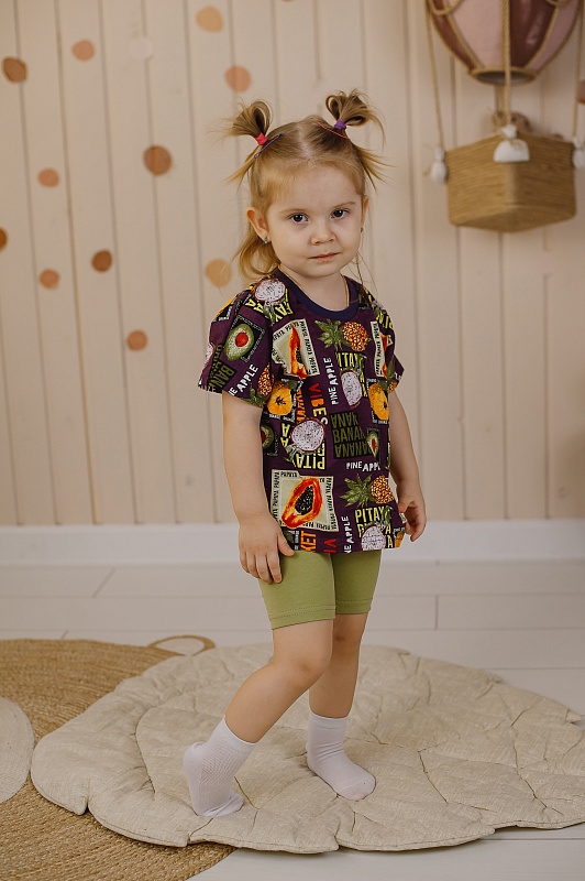 Набор для девочки (футболка и бриджи). Ткань - Кулирная гладь (100% хлопок)., Арт. КФрБКн_Фрукты_Олива