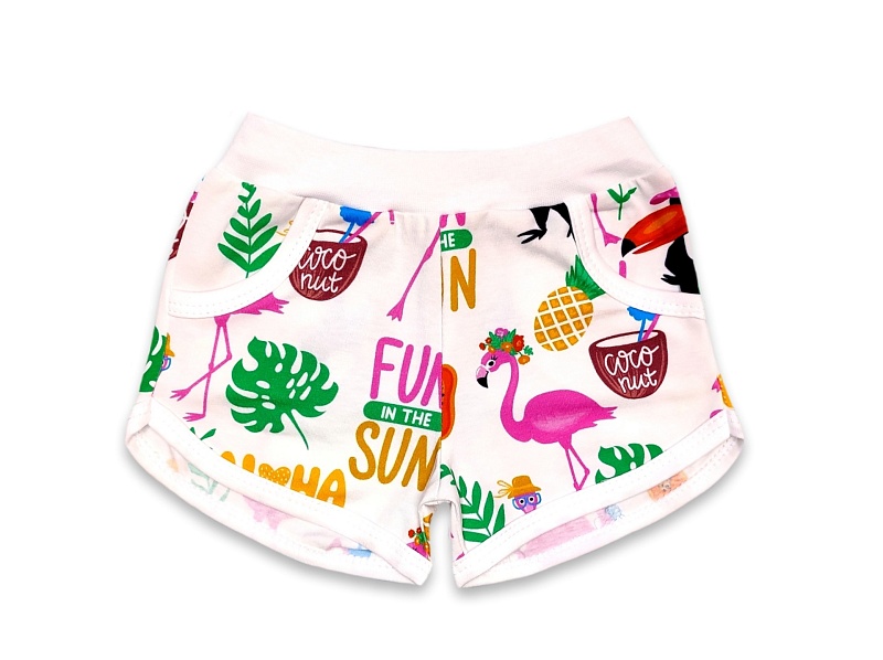 Шорты для девочек (карманы). Кулирка (95% хлопок, 5% лайкра), Арт. ШДККнЛ_Птицы