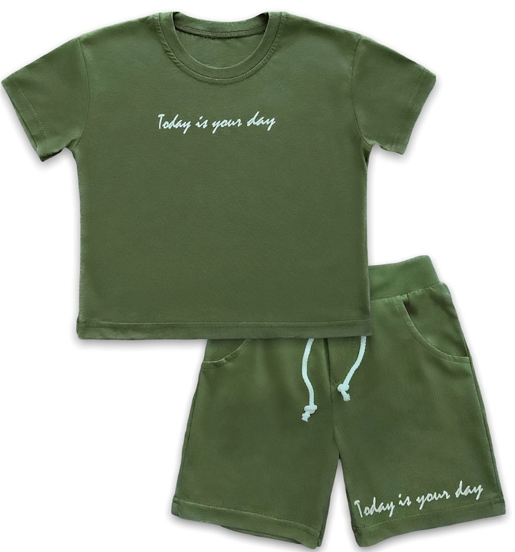 Комплект (футболка и шорты с карманами, принт). Кулирка (100% хлопок), Арт. К97Кг_Хаки